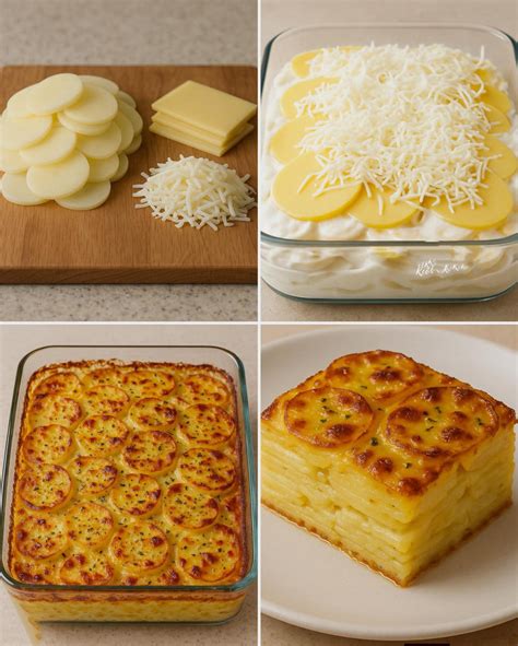 Ilustración de los ingredientes principales para papas gratinadas: papas, crema, leche, mantequilla, ajo, caldo de pollo, pimienta, queso Oaxaca.