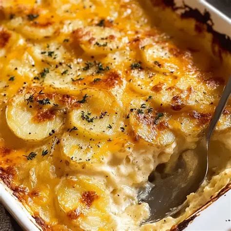 Plato servido de papas gratinadas cremosas, decoradas con tomillo fresco.