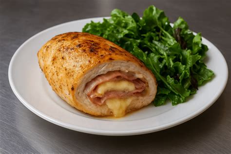 Imagen de una pechuga de pollo rellena con jamón y queso abierta a la mitad, mostrando el queso fundido y una capa exterior dorada y crujiente.