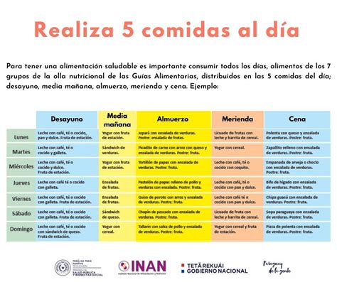 Infografía: esquema visual de las cinco comidas diarias recomendadas para niños de 2 a 3 años (desayuno, media mañana, comida, merienda, cena).