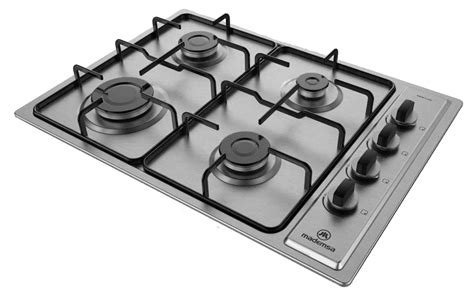 Encimera a gas Mademsa MCE 435E T instalada en una cocina moderna, mostrando sus quemadores sellados y perillas extraíbles.