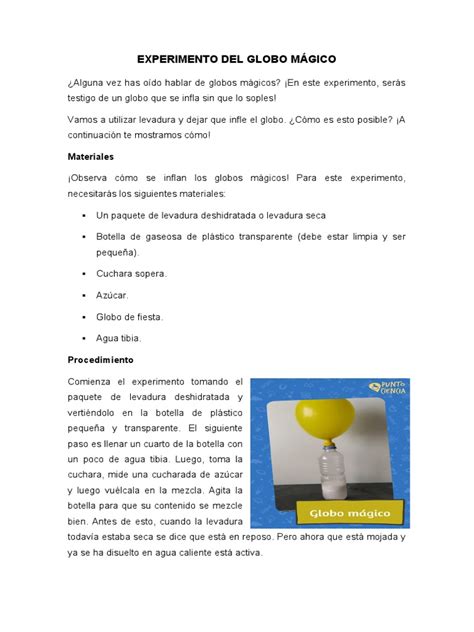 Infografía con los materiales necesarios para el experimento del globo con levadura.