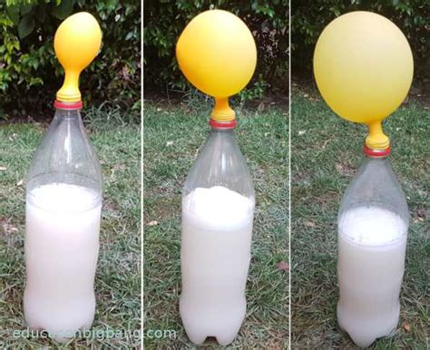 Ilustración del montaje del experimento: botella con levadura, azúcar y agua, con un globo en la boca.