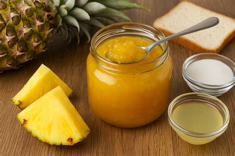 Mermelada de piña casera en un frasco con ingredientes de piña y stevia