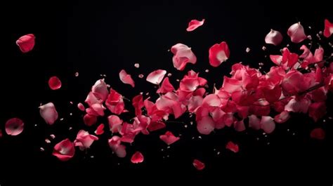 Primer plano de pétalos de rosa de colores cayendo suavemente sobre las manos de una pareja de recién casados.