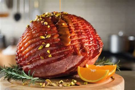 Jamón glaseado con miel y clavos, mostrando cortes en forma de diamante