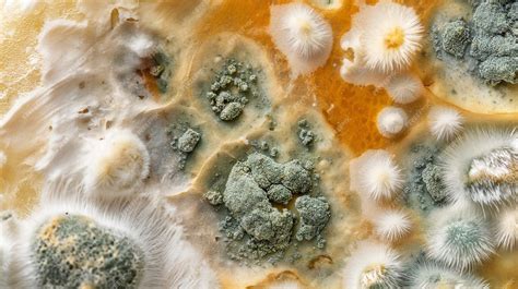 Foto de varios tipos de queso mostrando diferentes texturas y colores, algunos con moho natural y otros con signos de deterioro