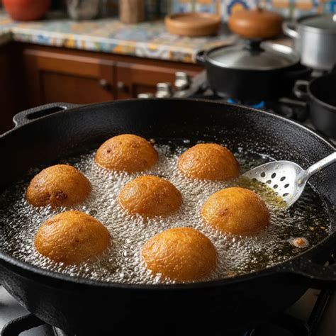 Papas rellenas friéndose en aceite caliente