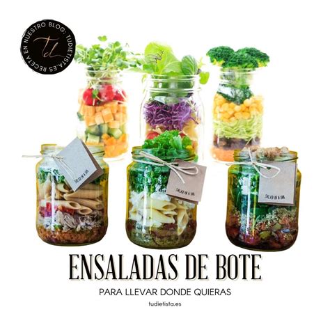 Collage de imágenes mostrando diversas ensaladas en bote con diferentes ingredientes y colores.