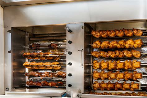 Esquema técnico de un asador de pollos mostrando la cámara de cocción, el sistema de espadas y la ubicación de los quemadores