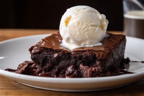 Foto: brownies cortados en porciones cuadradas perfectas, acompañados de una bola de helado de vainilla.