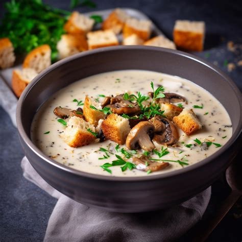 Cuenco de sopa de crema con picatostes dorados y hierbas