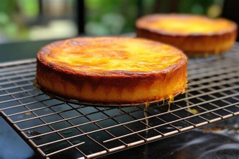 Torta recién horneada enfriándose sobre una rejilla de alambre.