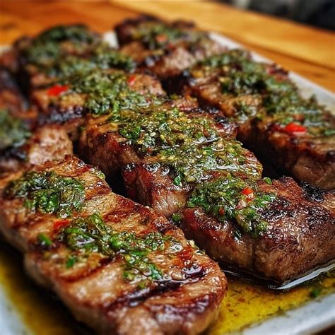 Imagen de un churrasco cortado con chimichurri fresco