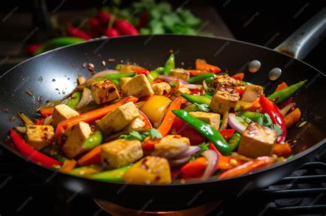 Salteado de tofu y verduras en un wok