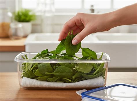 Contenedor hermético con espinacas y papel absorbente en el cajón del refrigerador