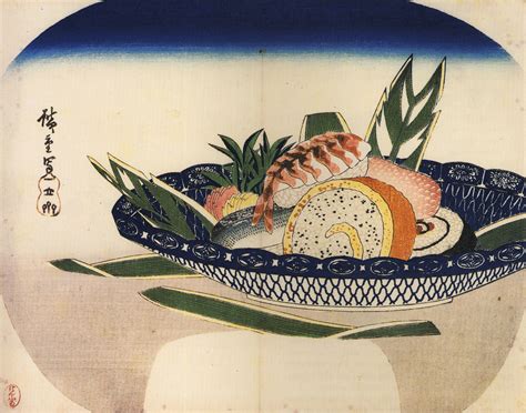 Ilustración de Hanaya Yohei preparando nigiri-sushi en un puesto callejero
