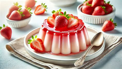 Fotografía profesional de una gelatina de leche desmoldada con un corte que muestra su textura cremosa y un acompañamiento de frutos rojos.