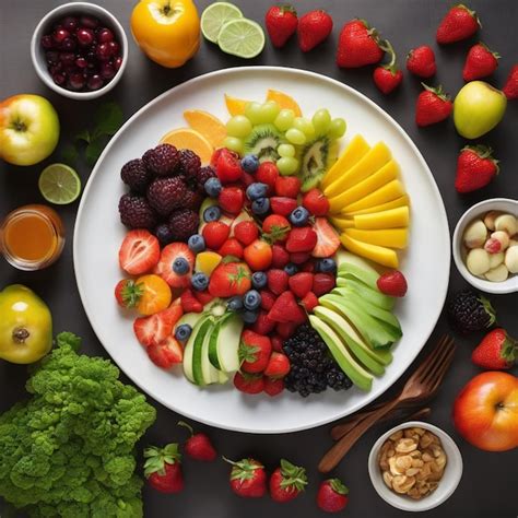 Variedad de frutas frescas y coloridas sobre una mesa, incluyendo fresas, arándanos y plátanos