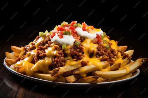 Plato servido de papas fritas cubiertas con salsa de queso cheddar, carne molida especiada, cubitos de tomate y cebollín verde picado