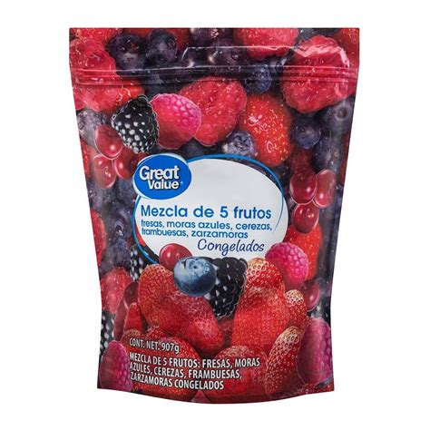 Una variedad de frutas congeladas individualmente en bolsas y recipientes