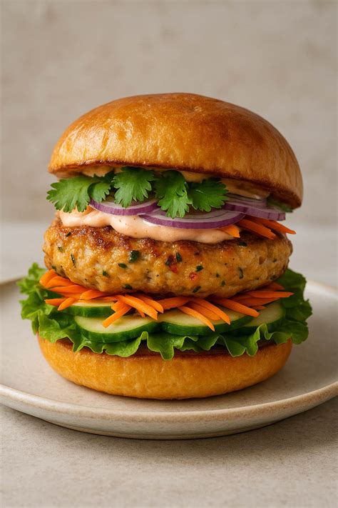 Fotografía profesional de una hamburguesa de pollo y avena servida en plato con guarnición de verduras frescas