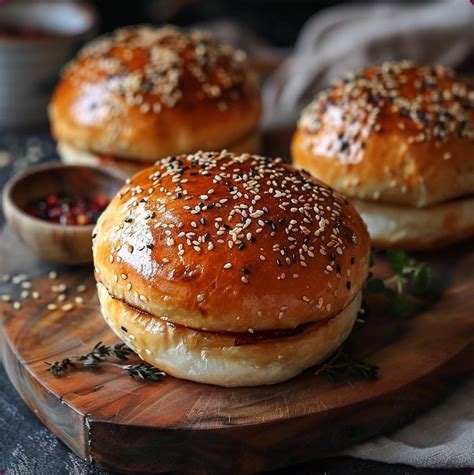 Foto de panecillos de hamburguesa recién horneados y dorados sobre una rejilla.