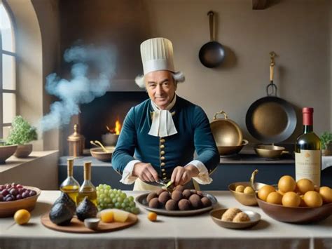 Ilustración antigua de un chef preparando un postre en una cocina del siglo XVII