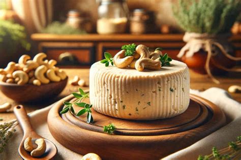Queso vegano de anacardos sólido y rebanado en una tabla