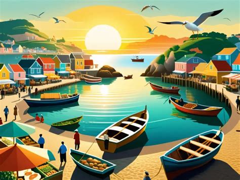 Ilustración de un paisaje costero chileno con pescadores y mariscos