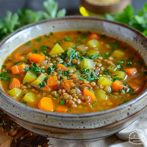 Plato de sopa de lentejas estilo minestrone con verduras frescas