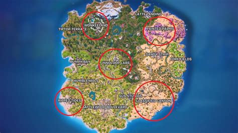 Esquema de las ubicaciones de las cabezas gigantes para bailar en la Temporada 9 de Fortnite