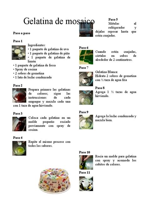 Infografía detallada mostrando los pasos para hacer gelatina mosaico, desde la preparación de los cubos de colores hasta el vertido de la mezcla láctea y el desmoldado final.