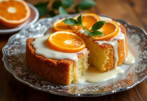 Torta de naranja entera decorada con rodajas y glaseado