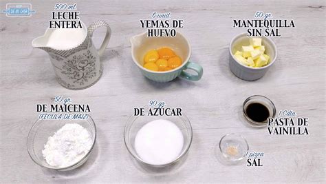 ingredientes básicos para crema pastelera: leche, huevos, azúcar, maicena, vainilla