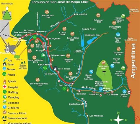 Mapa turístico del Cajón del Maipo mostrando actividades