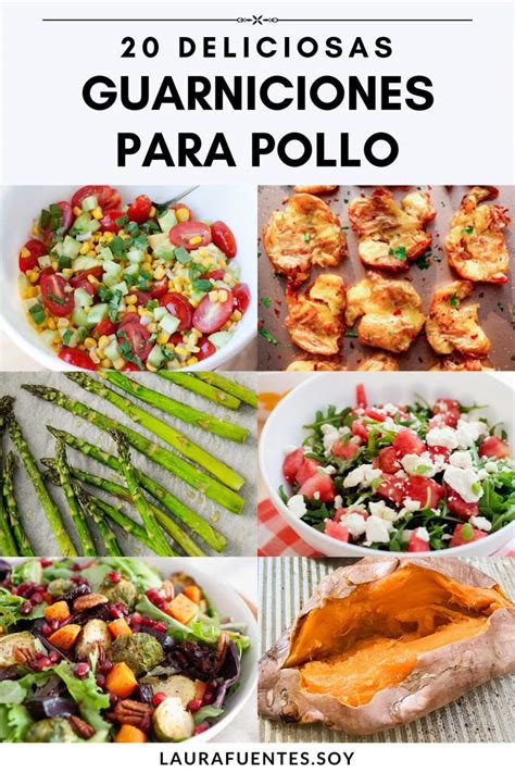 Infografía comparativa con 5 acompañamientos rápidos para pollo: puré, arroz, ensalada, papas y vegetales