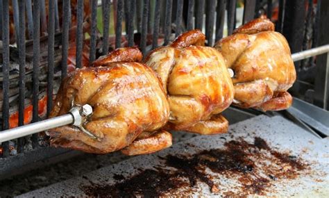 Esquema de un asador de pollo a gas mostrando la disposición de los quemadores y el sistema de rotación