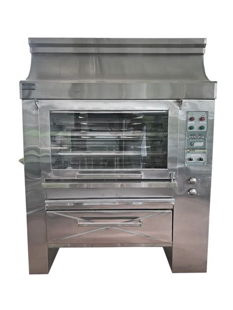 Fotografía de un asador de pollo a gas profesional de gran capacidad, destacando su construcción en acero inoxidable y puertas de vidrio