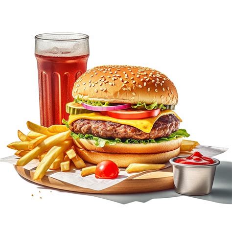 Infografía: combinación de comida rápida (hamburguesa, patatas fritas y bebida)