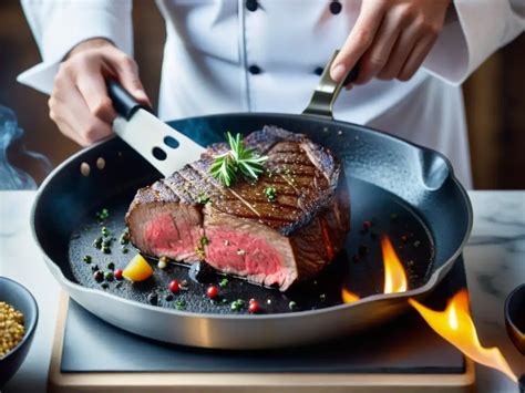 Chef sellando carne en una sartén caliente