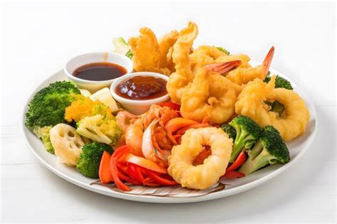 Plato de tempura de verduras y mariscos.