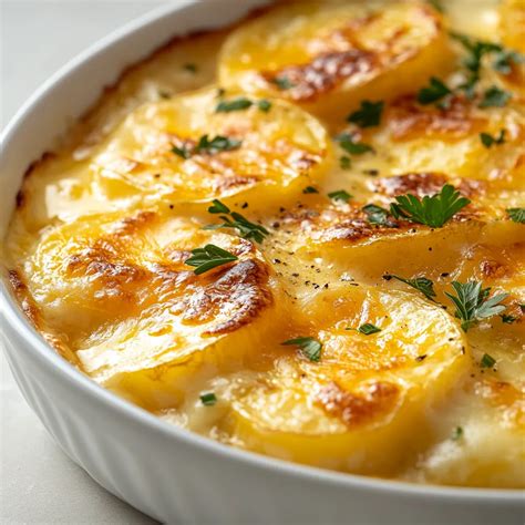 Plato terminado de papas gratinadas veganas, cremoso y dorado