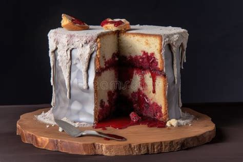 Foto de un pastel con el centro hundido y una miga muy abierta y desmenuzable, como ejemplo de un horneado con exceso de polvo para hornear.