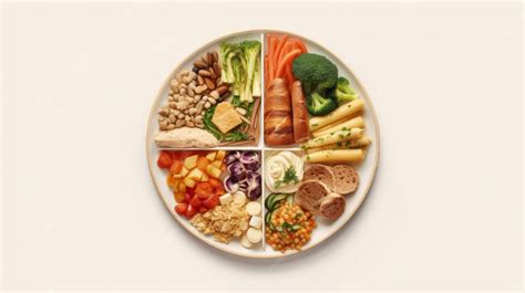 Mesa con un plato de comida saludable y balanceada (vegetales, proteínas, granos enteros)