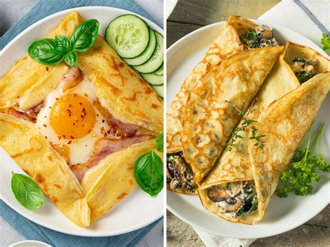 Foto de varios tipos de panqueques y crepes, dulces y salados