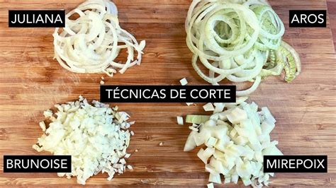 Ilustración de diferentes tipos de corte de cebolla: pluma, brunoise, aros