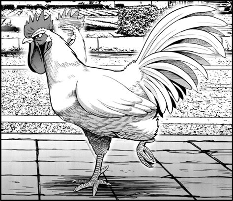 Ilustración artística que muestra a Keiji, el gallo protagonista, en una pose heroica frente a una amenaza demoníaca con estilo de arte manga dinámico.