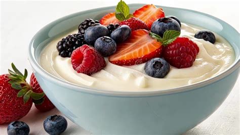 Yogur natural cremoso en un tazón, con hierbas frescas al lado