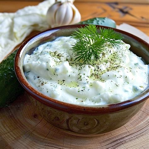 Plato de tzatziki fresco con pepino, yogur y menta